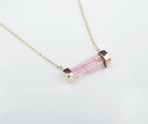 NWOT 14k Yellow Gold Raw Pink Tourmaline Fixed Bar Pendant Necklace 18.5" NG1010