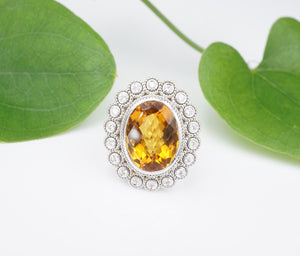 14k White Gold 10cttw Natural Citrine Diamond Halo Cocktail Ring Size 6.5 CO1055