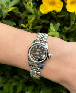 Ladies Rolex Datejust 18k SS Black Roman 26mm 6.5" 179174 2011 W970