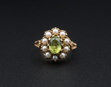 Antique 14k Yellow Gold Oval Peridot Pearl Halo Cocktail Ring Size 7.5 RG4171