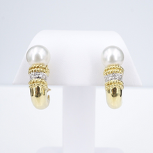 18k Pearl Diamond Earrings Huggie J Hook Yellow Gold Designer CASSIS 1.1" EG2273