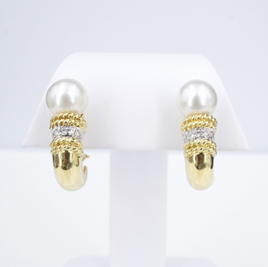 18k Pearl Diamond Earrings Huggie J Hook Yellow Gold Designer CASSIS 1.1" EG2273