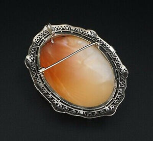 Unique 14k White Gold Carved Shell Mother Child Cameo Pendant Brooch 2" OG345