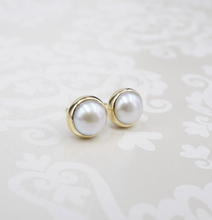 14k Yellow Gold Pearl Stud Earrings 6.5mm Button Bezel Set EG2416