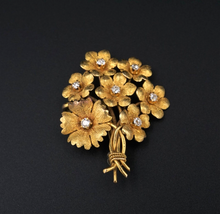Antique 14k Yellow Gold Mine Cut Diamond Floral Bouquet Brooch 1.4" OG445
