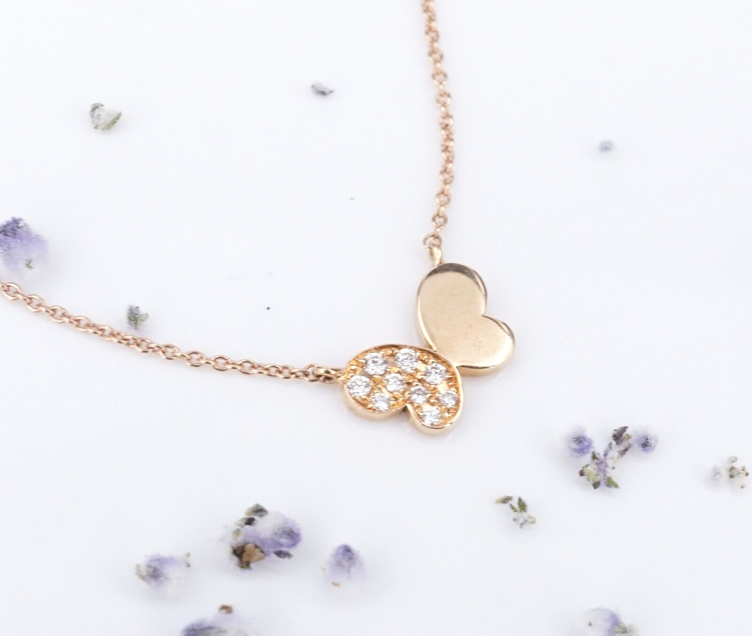 18k Butterfly Pendant Necklace Rose Gold White Diamond 15-16