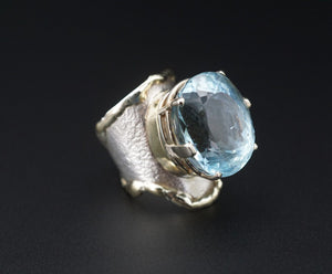 Brutalist Sterling Silver 14k Gold 17ct Aquamarine Cocktail Ring Sz 7.5 RG4120