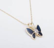 14k Yellow Gold Blue Plique A Jour Diamond Butterfly Pendant Necklace 18" NG1573