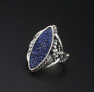 Carolyn Pollack Ring Blue Druzy Quartz Sterling Silver Relios Size 8.25 RS3399