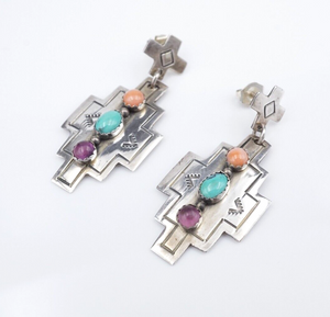 Navajo Earrings Multi-Gemstone Sterling Silver Signed Joe Delgarito 1.5" ES2558