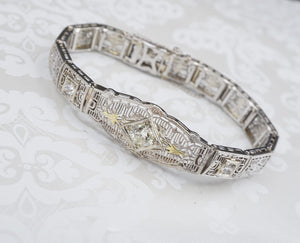 Classic Antique Art Deco 14k Gold 1ct Three Diamond Filigree Bracelet 6.5" BG794