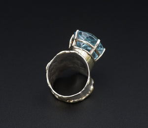 Brutalist Sterling Silver 14k Gold 17ct Aquamarine Cocktail Ring Sz 7.5 RG4120