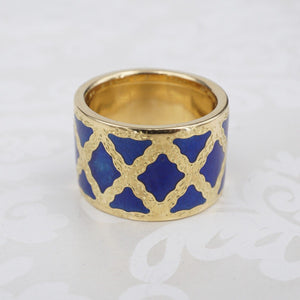 Buccellatti 18k Yellow Gold Ring Blue Enamel Wide Band Size 6 RG4219