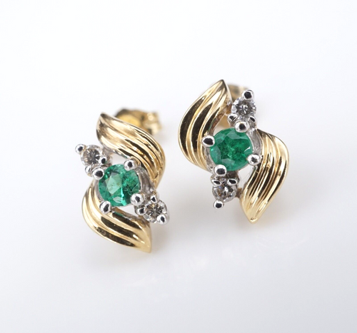 Vintage Emerald Diamond Stud Earrings 14k Gold Wave 2 Tone 1/2