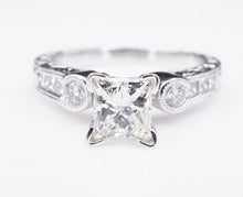 Hand Engraved 18k White Gold 1.3 ct Princess Diamond Engagement Ring Sz 6 RG2272