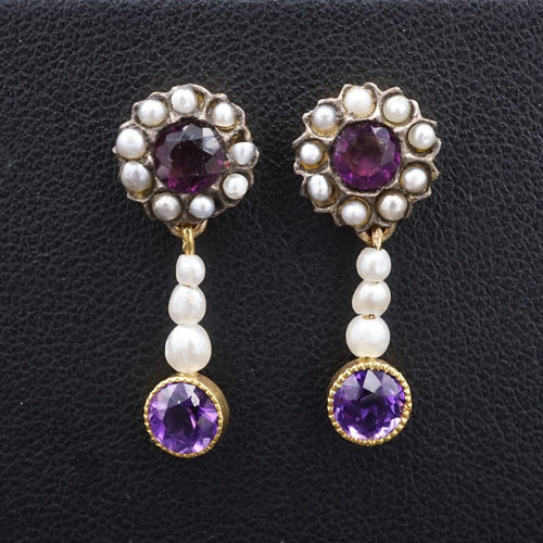 Victorian Dangle Earrings 14k Amethyst Pearl Antique Yellow Gold 1