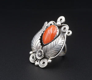 Ornate Navajo Sterling Silver Red Coral Ring Size 8.5 RS3526