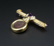 Ancient Coin 18k Yellow Gold Natural Diamond Amethyst Bar Pin Brooch OG357