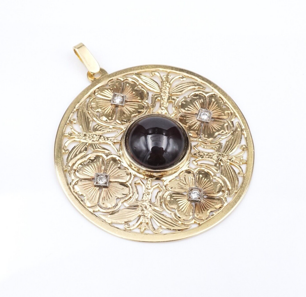 18k Yellow Gold Garnet Diamond Pendant Flower Disc Medallion Cabochon 2