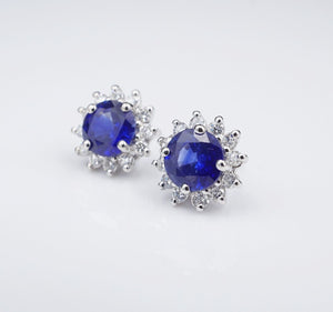 14k White Gold 3.7ct Natural Sapphire Diamond Halo Stud Earrings CO909