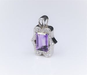 Vintage 14k White Gold 9 carat Amethyst Diamond Halo Pendant 1.3" PG1632