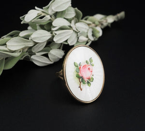 14k Yellow Gold Vintage Enamel Guilloche Pink Rose Ring Floral Size 7 RG3796