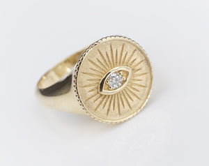 Sydney Evan 14k Yellow Gold Diamond Evil Eye Coin Signet Ring Size 6.75 RG3821