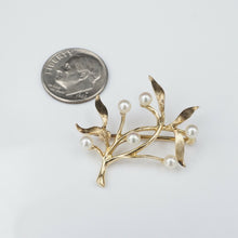 Vintage 1940s Fisher & Co 14k Gold Pearl Olive Leaf Branch Brooch Pin 1.2" OG359