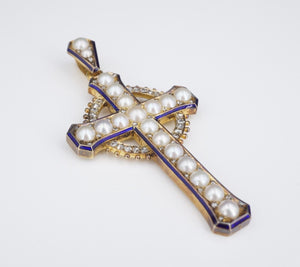 1870's Henry Tessier 18k Natural Pearl Diamond Enamel Cross Pendant w Box CO1032