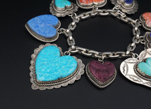 Joan Slifka Sterling Silver Reversible 9 Heart Charm Bracelet 6.5