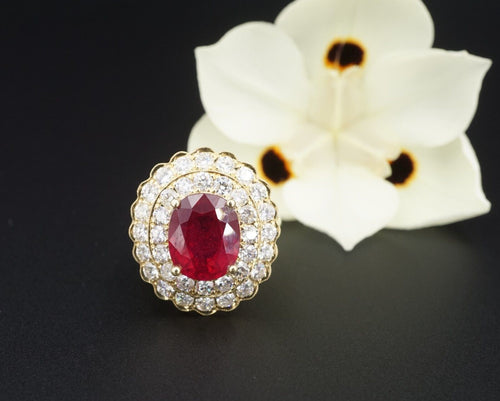 18k Yellow Gold 6.5cttw Natural Ruby Diamond Halo Cocktail Ring Size 7 CO1061