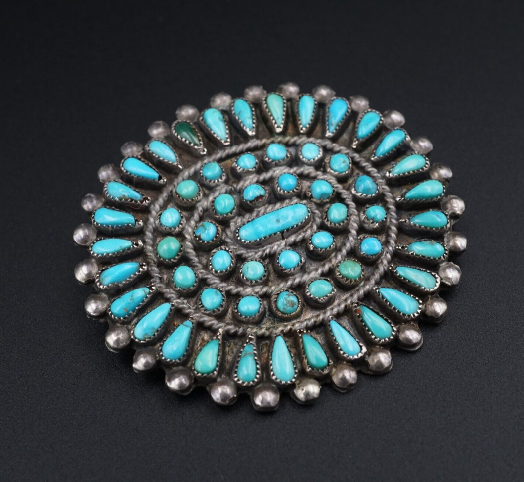 Vintage Zuni Turquoise Petit Point Brooch Sterling Silver Hand Signed 1.8” OS638