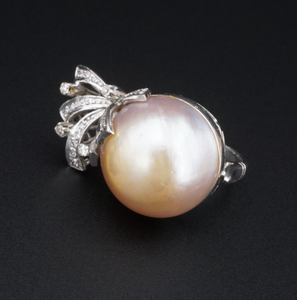 Platinum Mabe Pearl Diamond Ring Vintage 17 mm Floral Ribbon Spray Size 5 RG3720