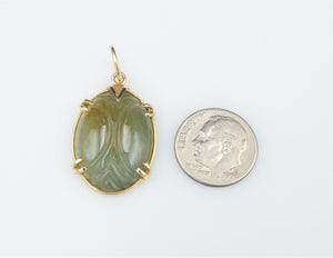 Mings Vintage 14k Yellow Gold Green Nephrite Carved Jade Pendant 1.3" PG1305