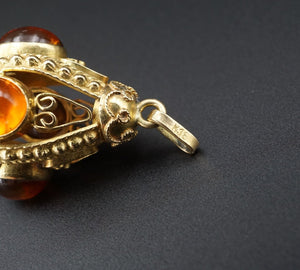 Antique 18K Gold Amber Cabochon Openwork Cage Fob Pendant 1.3" PG1744
