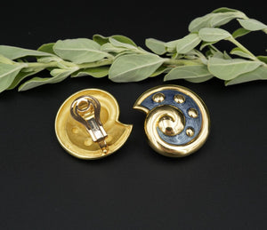 Leo De Vroomen Enamel Earrings 18k Gold Ear Clips Shell 1.1" EG2278