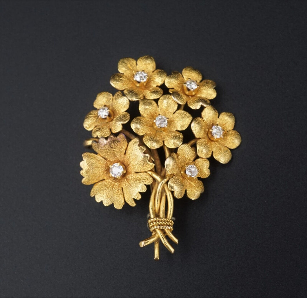 Antique 14k Yellow Gold Mine Cut Diamond Floral Bouquet Brooch 1.4