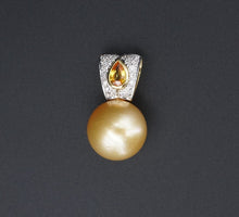 18k Gold South Sea Pearl Pendant Diamond Orange Sapphire 14 mm 2 Tone PG1751