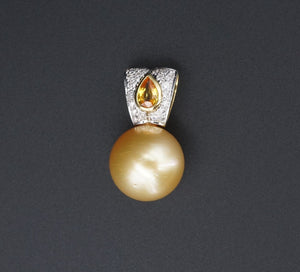 18k Gold South Sea Pearl Pendant Diamond Orange Sapphire 14 mm 2 Tone PG1751