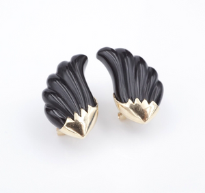 Unique Black Onyx Earrings 14k Yellow Gold 0.9" Carved Wing Feather EG2329