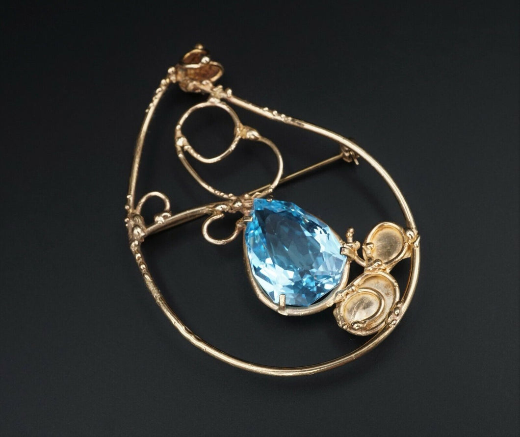 Jean Mahie 9k Pendant Brooch Yellow Gold Blue Topaz Preproduction 2.5