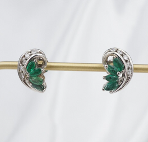 Vintage 14k Natural Emerald Diamond Stud Earrings White Gold Marquise EG2359