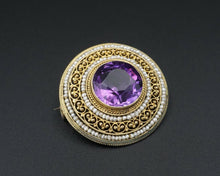 Antique Ornate 18k Yellow Gold Amethyst Seed Pearl Pin Brooch 1" OG367