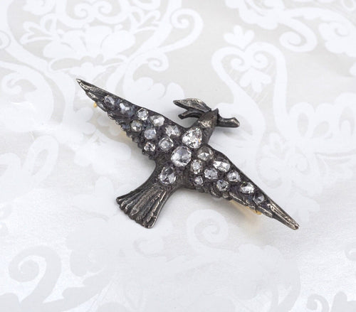 Antique Silver 18k Mid Victorian Pave Rose Cut Diamond Dove Bird Brooch OG433