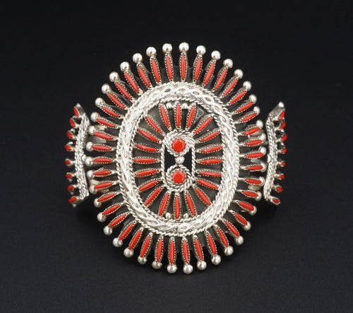 Zuni Needlepoint Coral Cuff Bracelet Gerald Etsate Sterling Silver 6.75