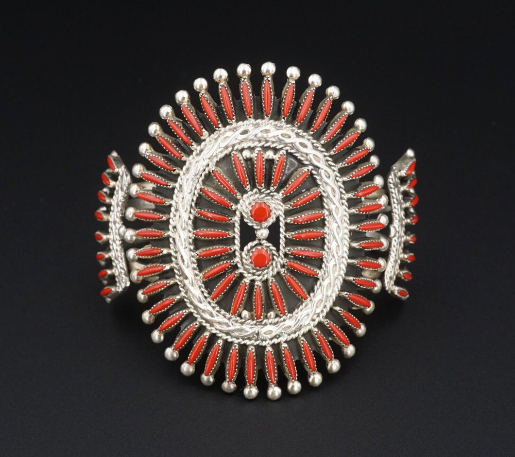 Zuni Needlepoint Coral Cuff Bracelet Gerald Etsate Sterling Silver 6.75