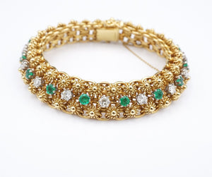 Vintage French 18k Gold Emerald Diamond Bracelet 4ctw Cannetille 7" Yellow BG905