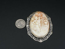 Unique 14k White Gold Carved Shell Mother Child Cameo Pendant Brooch 2" OG345