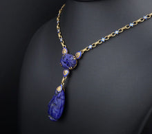 Antique 14k Yellow Gold Enamel Carved Lapis Floral Y Pendant Necklace 17" NG1462