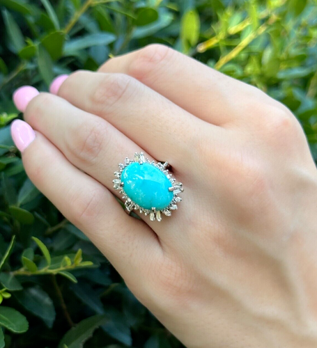 Vintage Persian Turquoise Diamond Halo 18k Gold Cocktail Ring Size 6.75 RG4279
